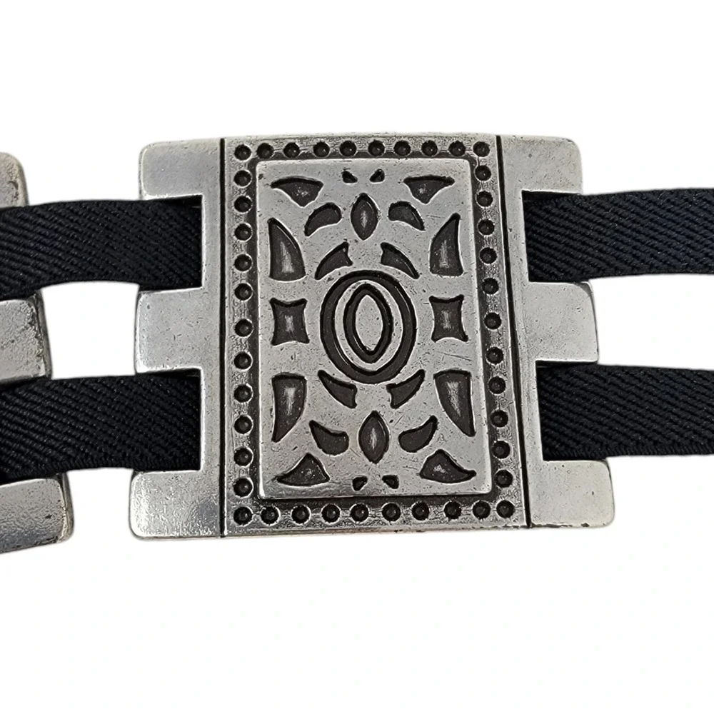 Vtg Silver Tone Belt Womens 2X Metal Squares Elastic Stretch Heavy Artsy Boho‎